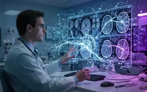Radiologe betrachtet medizinische Scans auf holografischem Display mit KI-Netzwerkmustern, symbolisiert fortschrittliche Therapie. - Foto: über boerse-global.de