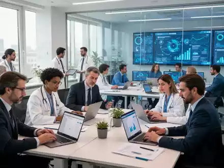 Eine Gruppe von Fachkräften arbeitet in einem modernen Büro, einige an Laptops, andere in einem Besprechungsraum mit Bildschirmen. - Foto: über boerse-global.de