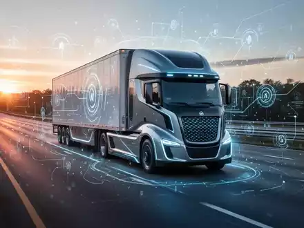 Autonomer Sattelzug auf der Autobahn bei Dämmerung mit dezenter KI-Navigationsanzeige. - Foto: über boerse-global.de