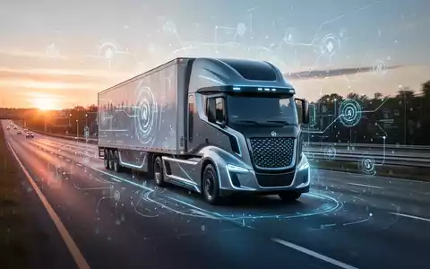 Autonomer Sattelzug auf der Autobahn bei Dämmerung mit dezenter KI-Navigationsanzeige. - Foto: über boerse-global.de