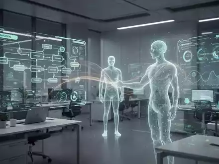 Ein futuristisches Büro mit digitalen Schnittstellen und einer KI-Präsenz, die Arbeitsabläufe verwaltet. - Foto: über boerse-global.de