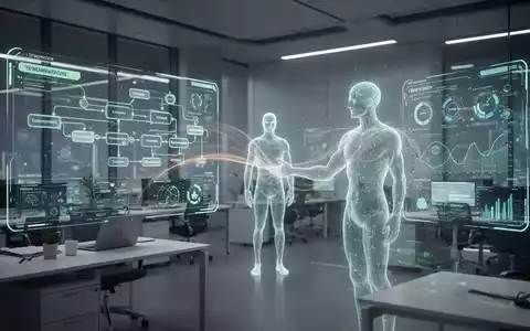 Ein futuristisches Büro mit digitalen Schnittstellen und einer KI-Präsenz, die Arbeitsabläufe verwaltet. - Foto: über boerse-global.de