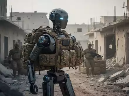 Fortschrittlicher humanoider Roboter in militärischer Umgebung, transportiert Vorräte, symbolisiert moderne Verteidigungstechnologie. - Foto: über boerse-global.de