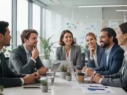Eine Gruppe von Geschäftsleuten arbeitet in einem modernen Büro zusammen, was mentale Fitness und Wohlbefinden am Arbeitsplatz symbolisiert. - Foto: über boerse-global.de