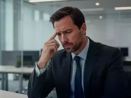 Ein nachdenklicher Mann in einem modernen Büro hält sich leicht die Schläfe, was auf Kopfschmerzen oder tiefes Nachdenken hindeutet. - Foto: über boerse-global.de