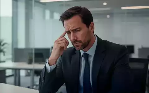 Ein nachdenklicher Mann in einem modernen Büro hält sich leicht die Schläfe, was auf Kopfschmerzen oder tiefes Nachdenken hindeutet. - Foto: über boerse-global.de