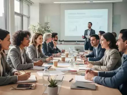 Eine Gruppe von Lehrkräften nimmt aktiv an einem Fortbildungsseminar teil, diskutiert und macht Notizen in einem modernen Raum. - Foto: über boerse-global.de