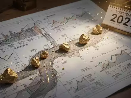 Ein detaillierter Fahrplan mit Finanzdiagrammen und Goldnuggets, der auf das Jahr 2029 zuführt, symbolisiert strategische Planung. - Foto: über boerse-global.de