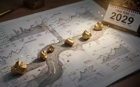 Ein detaillierter Fahrplan mit Finanzdiagrammen und Goldnuggets, der auf das Jahr 2029 zuführt, symbolisiert strategische Planung. - Foto: über boerse-global.de