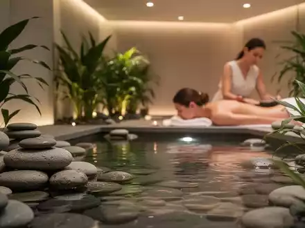 Eine ruhige Spa-Umgebung mit weichen Lichtern, sanften Farben und Elementen wie Steinen und Pflanzen, die Entspannung suggerieren. - Foto: über boerse-global.de