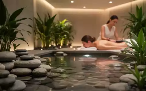 Eine ruhige Spa-Umgebung mit weichen Lichtern, sanften Farben und Elementen wie Steinen und Pflanzen, die Entspannung suggerieren. - Foto: über boerse-global.de