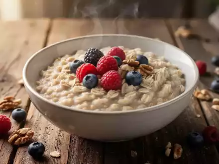 Eine Nahaufnahme einer Schüssel warmer Haferflocken, garniert mit Beeren und Nüssen, auf einem Holztisch, betont Gesundheit und Ernährung. - Foto: über boerse-global.de