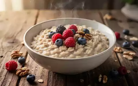 Eine Nahaufnahme einer Schüssel warmer Haferflocken, garniert mit Beeren und Nüssen, auf einem Holztisch, betont Gesundheit und Ernährung. - Foto: über boerse-global.de
