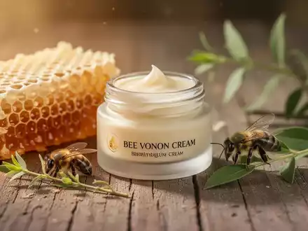 Eine Nahaufnahme eines Glases Bienengiftsalbe, umgeben von Honigwaben, einer Biene und grünen Blättern auf Holz. - Foto: über boerse-global.de