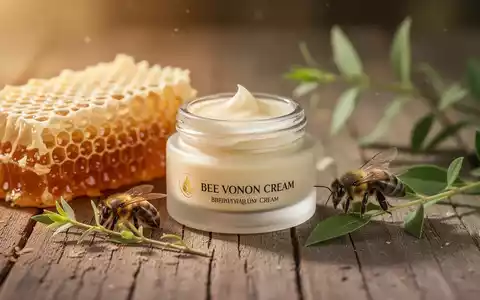 Eine Nahaufnahme eines Glases Bienengiftsalbe, umgeben von Honigwaben, einer Biene und grünen Blättern auf Holz. - Foto: über boerse-global.de