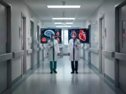 Ein verschwommener Krankenhauskorridor mit zwei Ärzten, die unterschiedliche medizinische Fachgebiete repräsentieren, symbolisiert interdisziplinäre Zusammenarbeit. - Foto: über boerse-global.de