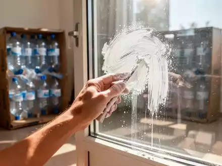 Eine Hand trägt eine weiße Kreidemischung auf ein Fenster auf, das Sonnenlicht reflektiert. Im Hintergrund ein DIY-Kühler. - Foto: über boerse-global.de