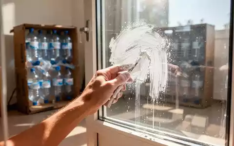 Eine Hand trägt eine weiße Kreidemischung auf ein Fenster auf, das Sonnenlicht reflektiert. Im Hintergrund ein DIY-Kühler. - Foto: über boerse-global.de