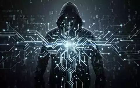 Stilisierte, leuchtende neuronale Netzstruktur mit digitalem Code-Overlay und einer Schattenfigur im Hintergrund, die KI-gesteuerte Cyberkriminalität darstellt. - Foto: über boerse-global.de