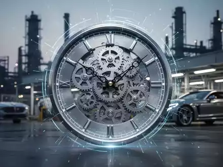 Eine stilisierte Uhr mit Zahnrädern und leuchtenden Linien, im Hintergrund verschwommene Fabrikgebäude und eine Luxusautofabrik. - Foto: über boerse-global.de