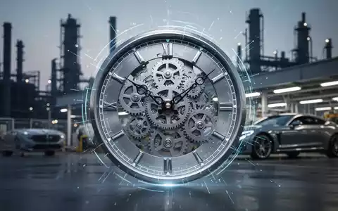 Eine stilisierte Uhr mit Zahnrädern und leuchtenden Linien, im Hintergrund verschwommene Fabrikgebäude und eine Luxusautofabrik. - Foto: über boerse-global.de