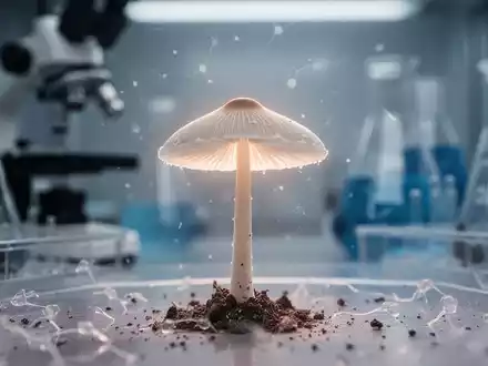 Nahaufnahme eines Psilocybin-Pilzes in einer sterilen Laborumgebung, der medizinische Forschung und Hoffnung symbolisiert. - Foto: über boerse-global.de