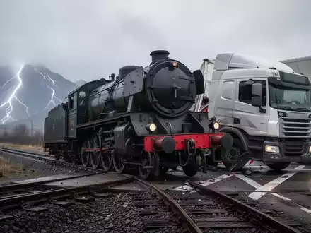 Eine entgleiste historische Dampflokomotive nach einer Kollision mit einem Lastwagen an einem Bahnübergang, mit Anzeichen von Unwetter. - Foto: über boerse-global.de