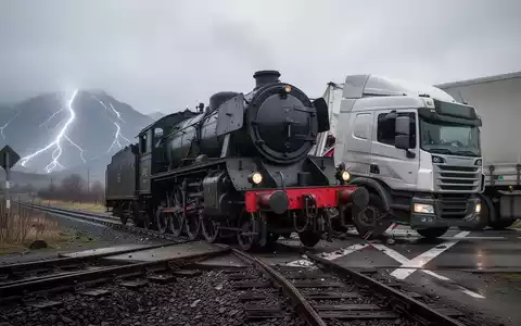 Eine entgleiste historische Dampflokomotive nach einer Kollision mit einem Lastwagen an einem Bahnübergang, mit Anzeichen von Unwetter. - Foto: über boerse-global.de