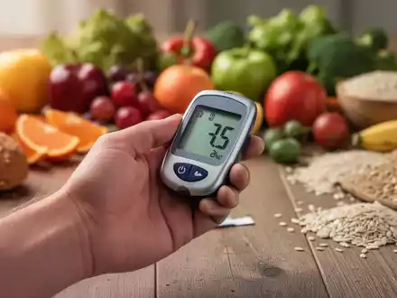 Eine Hand hält ein Blutzuckermessgerät über einem Tisch mit gesunden Lebensmitteln wie Obst und Gemüse, die Stoffwechselgesundheit symbolisierend. - Foto: über boerse-global.de