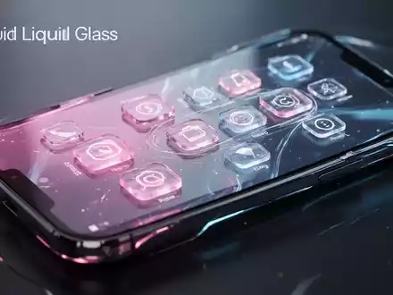 Nahaufnahme eines futuristischen Smartphone-Bildschirms mit 'Liquid Glass'-Design, leuchtende, durchscheinende App-Icons in Pink und Blau. - Foto: über boerse-global.de