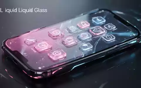 Nahaufnahme eines futuristischen Smartphone-Bildschirms mit 'Liquid Glass'-Design, leuchtende, durchscheinende App-Icons in Pink und Blau. - Foto: über boerse-global.de