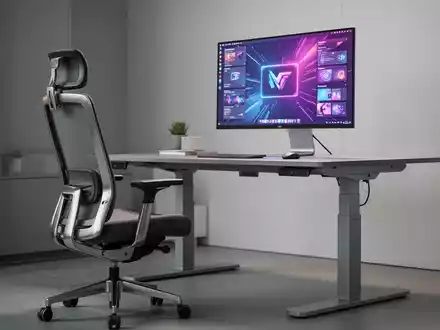 Ein modernes Homeoffice mit ergonomischem Bürostuhl, höhenverstellbarem Schreibtisch und großem Monitor, der einen digitalen Arbeitsbereich anzeigt. - Foto: über boerse-global.de