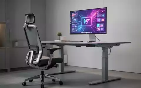 Ein modernes Homeoffice mit ergonomischem Bürostuhl, höhenverstellbarem Schreibtisch und großem Monitor, der einen digitalen Arbeitsbereich anzeigt. - Foto: über boerse-global.de