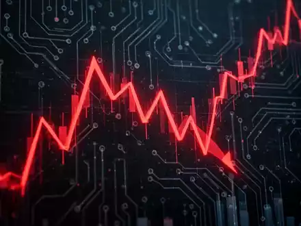 Abstürzender Aktienkurs, dargestellt durch rote Linien auf einem dunklen, technologischen Hintergrund mit Schaltkreismustern. - Foto: über boerse-global.de