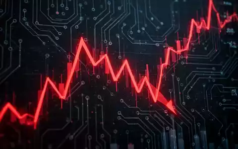 Abstürzender Aktienkurs, dargestellt durch rote Linien auf einem dunklen, technologischen Hintergrund mit Schaltkreismustern. - Foto: über boerse-global.de