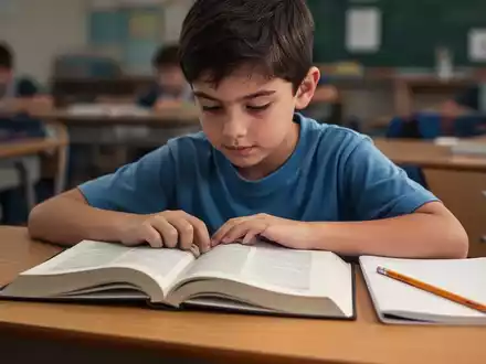 Ein junger Student liest ein gedrucktes Lehrbuch an einem Holztisch, daneben liegen Bleistift und Notizbuch, im unscharfen Klassenzimmer. - Foto: über boerse-global.de