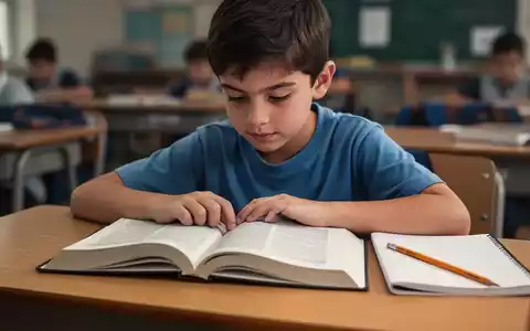 Ein junger Student liest ein gedrucktes Lehrbuch an einem Holztisch, daneben liegen Bleistift und Notizbuch, im unscharfen Klassenzimmer. - Foto: über boerse-global.de