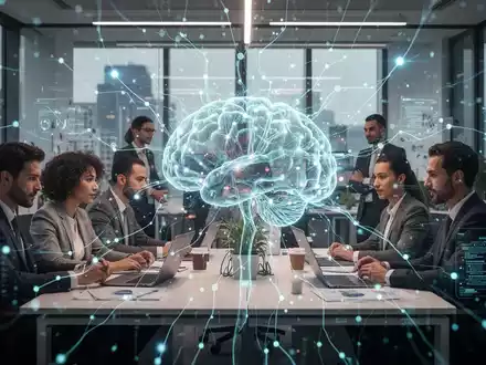 Eine futuristische Darstellung eines Büros, in dem digitale Datenflüsse und KI-Elemente die Zusammenarbeit von Mitarbeitern überlagern. - Foto: über boerse-global.de