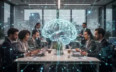 Eine futuristische Darstellung eines Büros, in dem digitale Datenflüsse und KI-Elemente die Zusammenarbeit von Mitarbeitern überlagern. - Foto: über boerse-global.de
