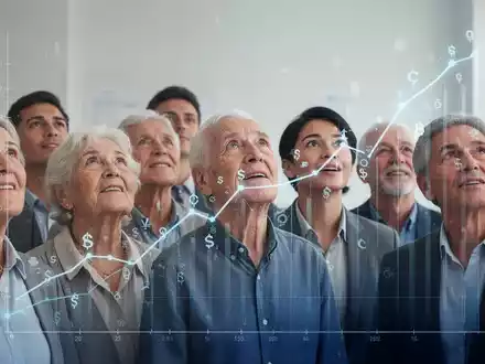Eine Gruppe verschiedener Menschen, jung und alt, blickt optimistisch auf eine steigende Finanzgrafik mit Symbolen. - Foto: über boerse-global.de