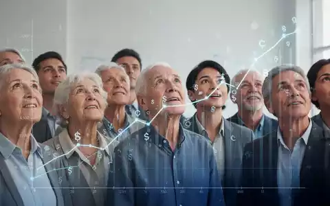Eine Gruppe verschiedener Menschen, jung und alt, blickt optimistisch auf eine steigende Finanzgrafik mit Symbolen. - Foto: über boerse-global.de