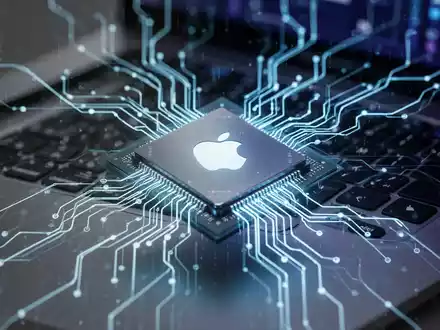 Ein Apple Silicon Chip mit leuchtenden neuronalen Netzwerkpfaden auf einer verschwommenen MacBook Pro-Tastatur, symbolisiert KI und Computertechnik. - Foto: über boerse-global.de