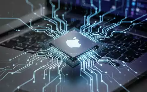 Ein Apple Silicon Chip mit leuchtenden neuronalen Netzwerkpfaden auf einer verschwommenen MacBook Pro-Tastatur, symbolisiert KI und Computertechnik. - Foto: über boerse-global.de
