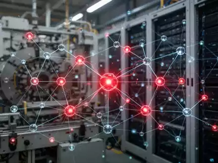 Glühendes rotes Netzwerk verbundener Knoten als Symbol für Datenleck, über verschwommenen Industrieanlagen und Serverracks. - Foto: über boerse-global.de