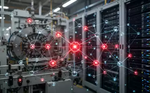 Glühendes rotes Netzwerk verbundener Knoten als Symbol für Datenleck, über verschwommenen Industrieanlagen und Serverracks. - Foto: über boerse-global.de