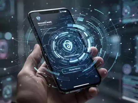 Smartphone mit Recovery-Modus-Oberfläche, abstrakte digitale Sicherheitselemente. Hand hält Gerät in moderner Umgebung. - Foto: über boerse-global.de