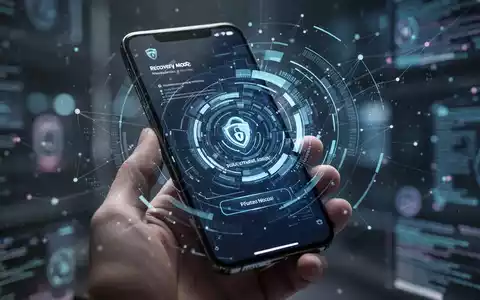 Smartphone mit Recovery-Modus-Oberfläche, abstrakte digitale Sicherheitselemente. Hand hält Gerät in moderner Umgebung. - Foto: über boerse-global.de