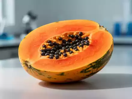 Eine halbierte, leuchtend orangefarbene Papaya mit schwarzen Kernen auf einer sauberen Oberfläche, sanft beleuchtet. - Foto: über boerse-global.de