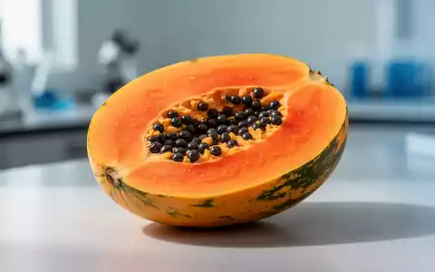 Eine halbierte, leuchtend orangefarbene Papaya mit schwarzen Kernen auf einer sauberen Oberfläche, sanft beleuchtet. - Foto: über boerse-global.de
