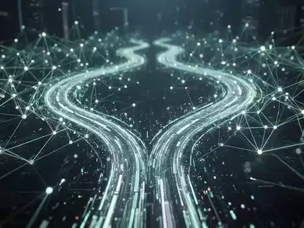 Ein futuristisches, leuchtendes Netzwerk von Datenpunkten, das komplexe KI-Systeme symbolisiert, mit sich verzweigenden Pfaden. - Foto: über boerse-global.de